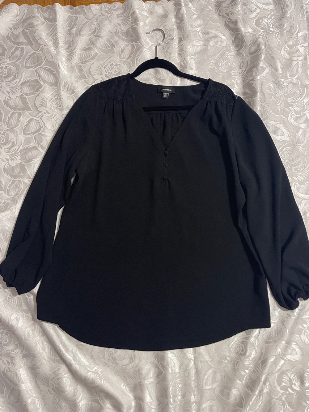 Le Chateau Black V-Neck Button-Accent Blouse
